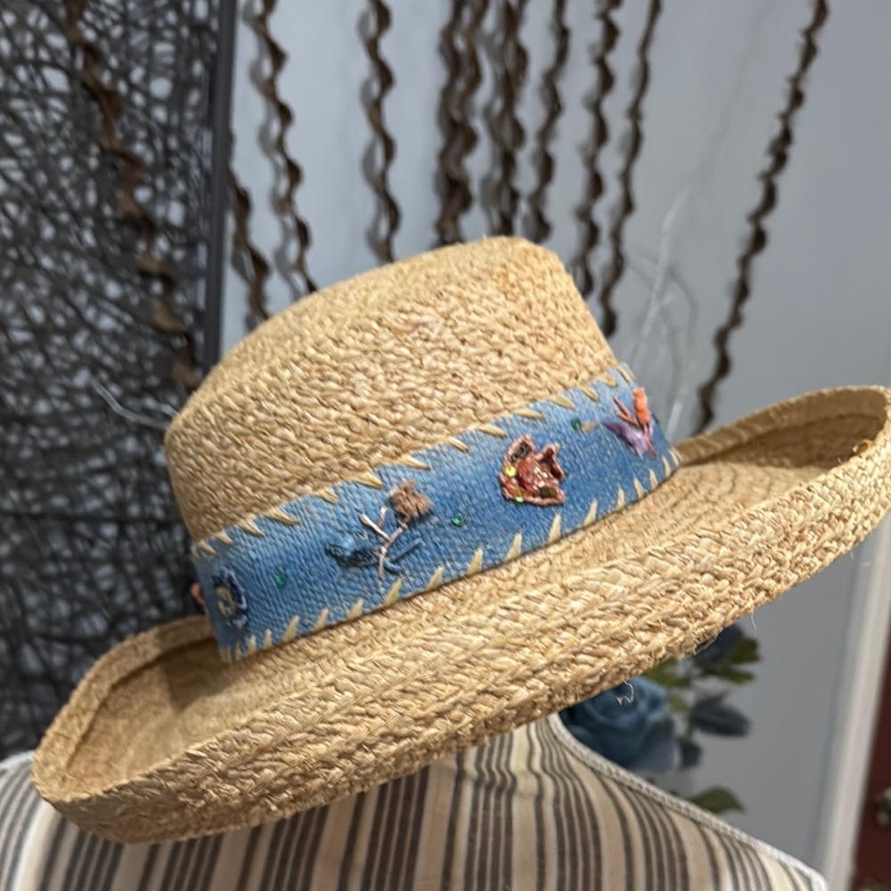 Capelli of New York Tan and Blue Straw Hat